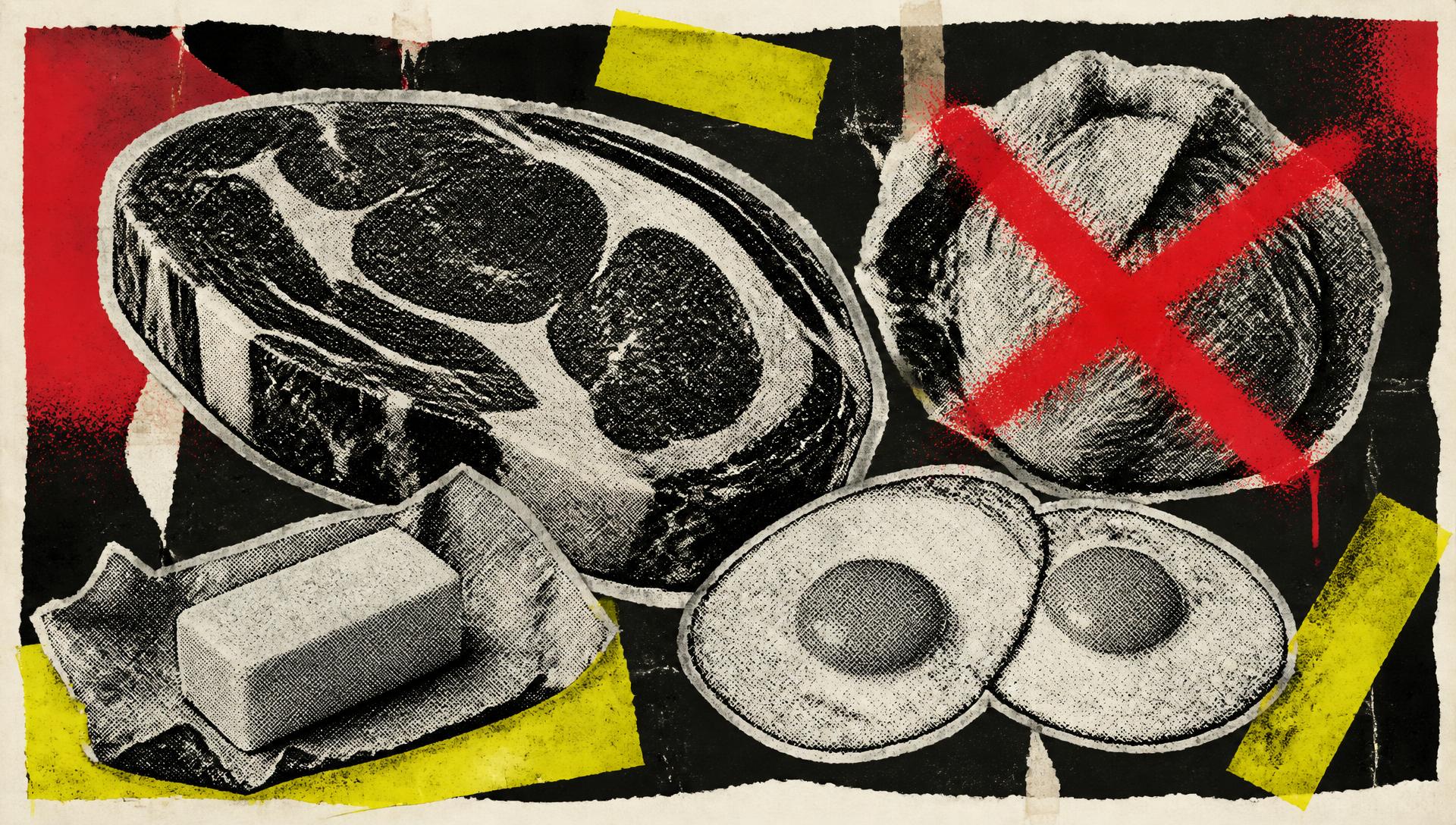 Zine koláž: steak, vejce a máslo vedle přeškrtnutého salátu